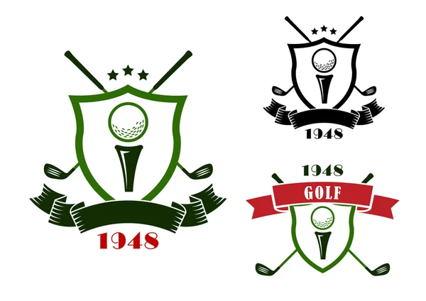 Emblemas de golfe com escudos, bolas e paus —  Vetores de Stock