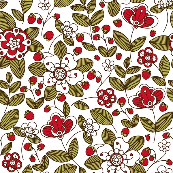 Morango com flores brancas e vermelhas sem costura padrão —  Vetores de Stock