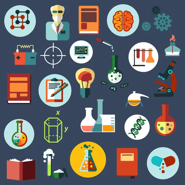 Iconos planos de ciencia e investigación — Vector de stock