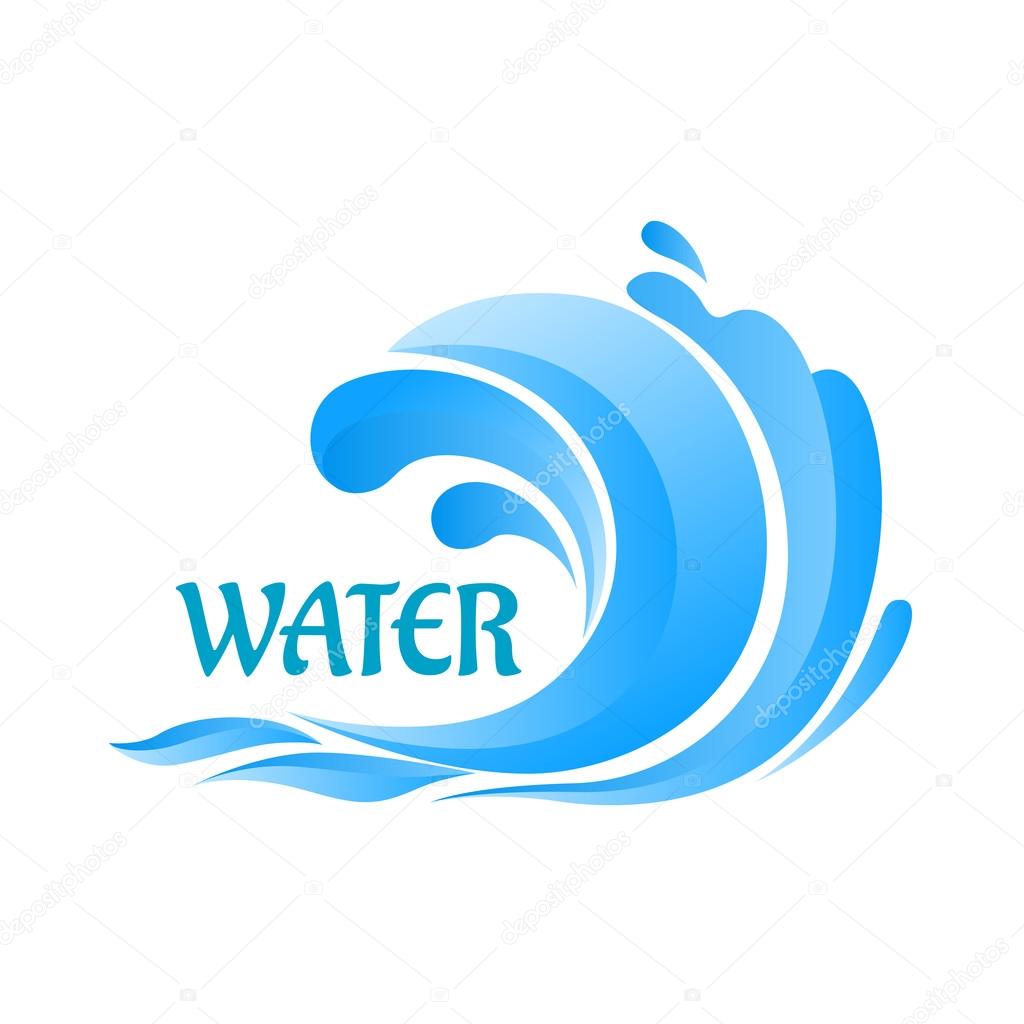 Sea blue wave curl symbol with water splashes for ecology or vacation design