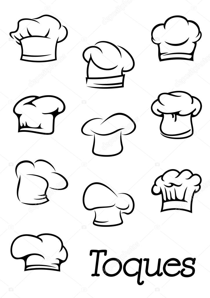 Chef, cook or baker traditional professional toques and hats in outline sketch style for restaurant menu or cooking design