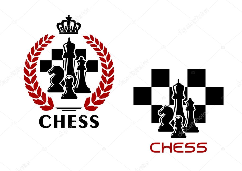 Chess heraldic emblems with black silhouettes of kings, queens, knights and pawns chessmen on chessboard background and second variant supplemented by laurel wreath and crown