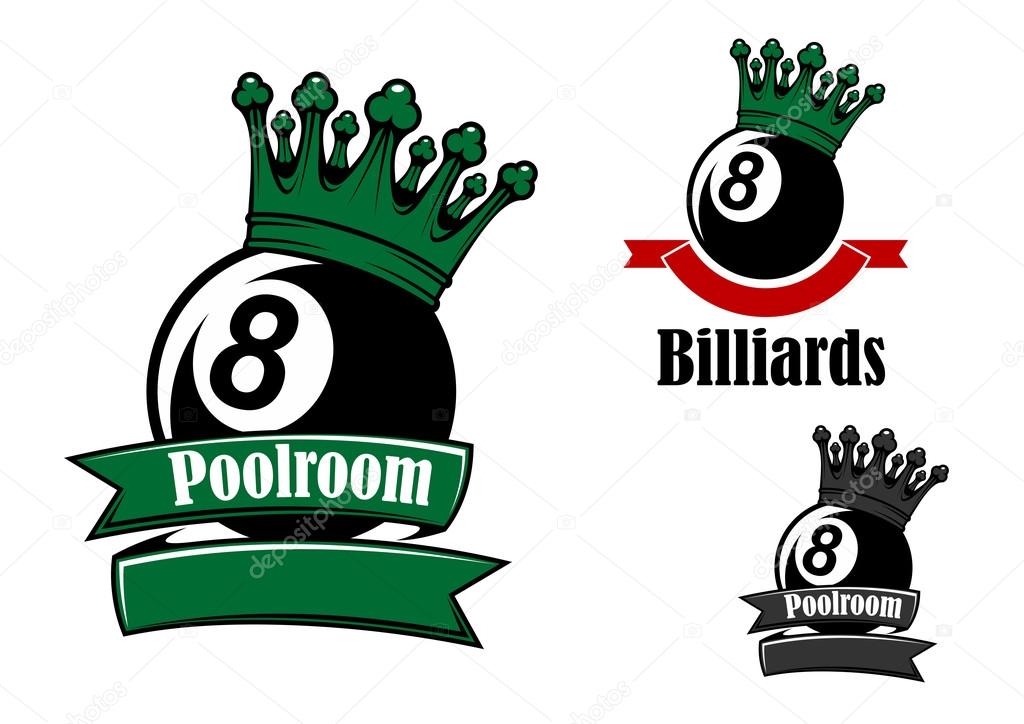 Crowned black billiards or pool balls sporting emblems with green and red ribbon banners, headers Poollroom and Billiards
