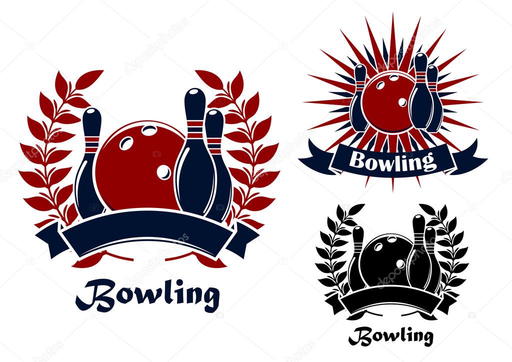 Bowling club or team emblems in retro style with balls and ninepins decorated by laurel branches, ribbon banners