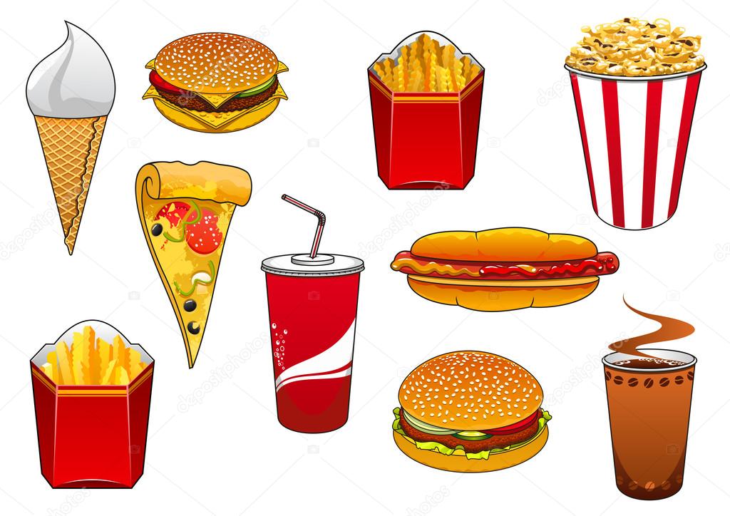 Fast food with meal and drinks