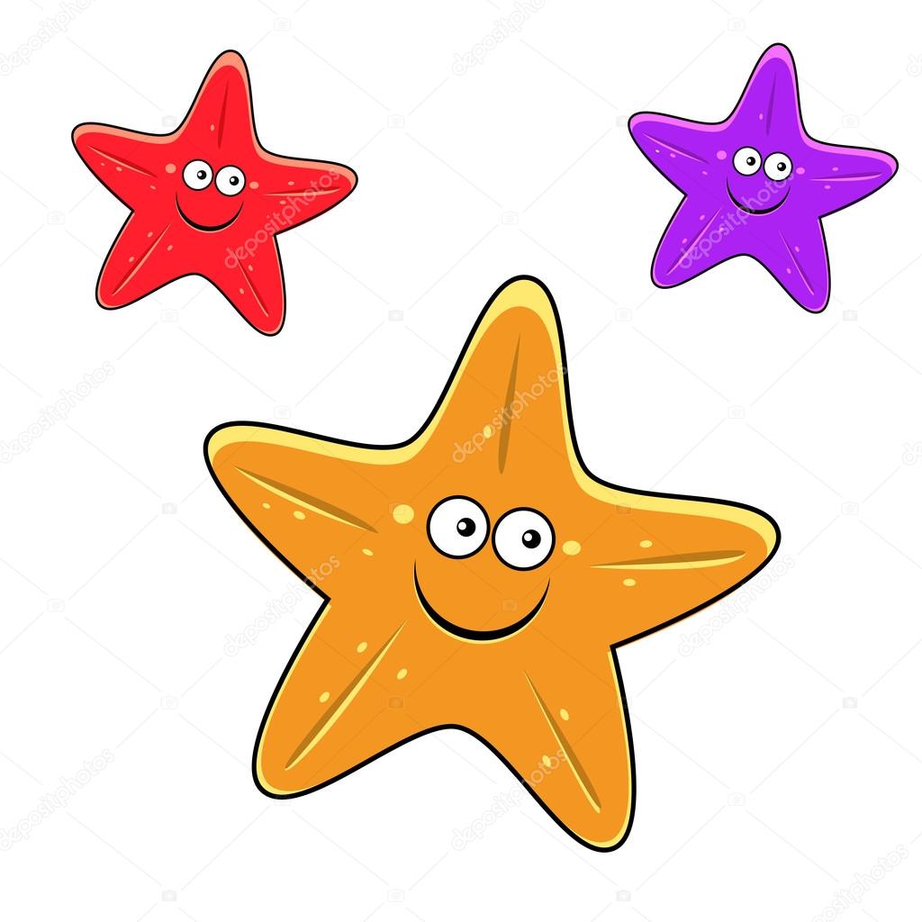 Cartoon yellow, red and violet starfish characters