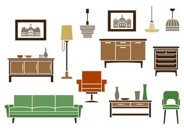 Household furniture and interior flat icons clipart