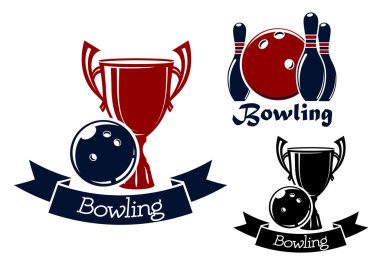 Bowling game icons with balls, ninepins and trophy