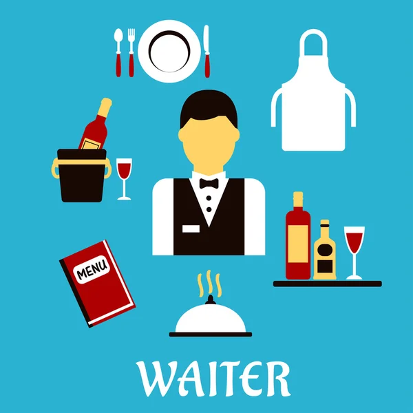 Waiter profession with flat tableware icons — Stock Vector