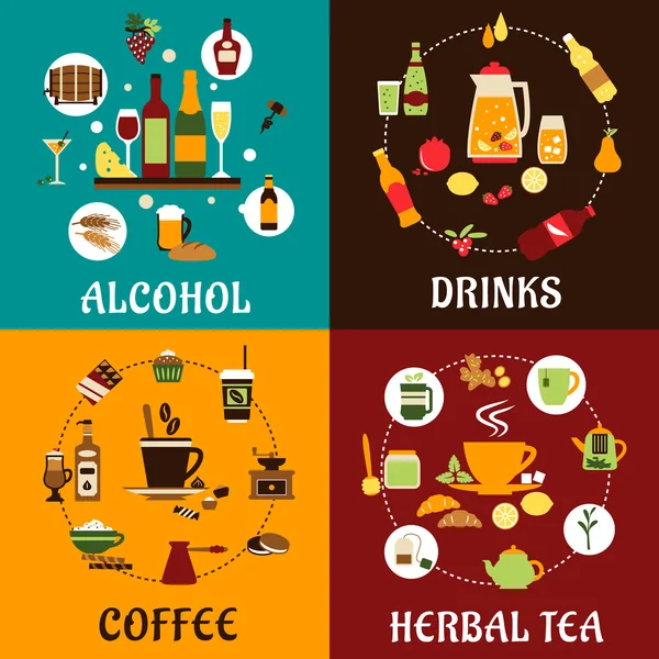 Beverages, snacks and drinks flat icons — Wektor stockowy