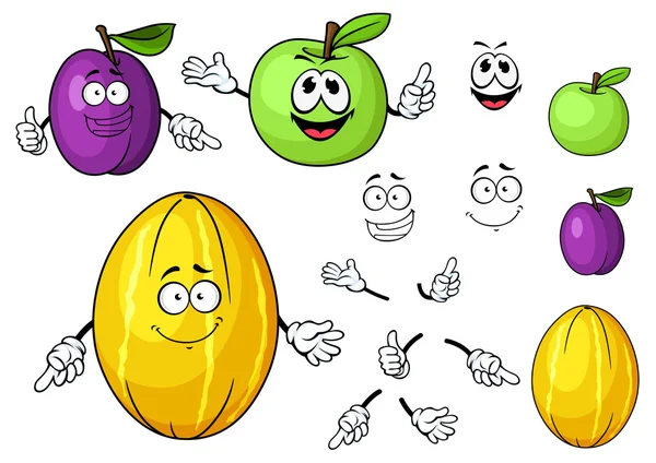 Caricatura jugosa manzana verde, melón y ciruelas frutas — Vector de stock