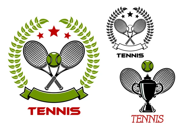 Torneo di tennis emblemi con articoli sportivi — Vettoriale Stock