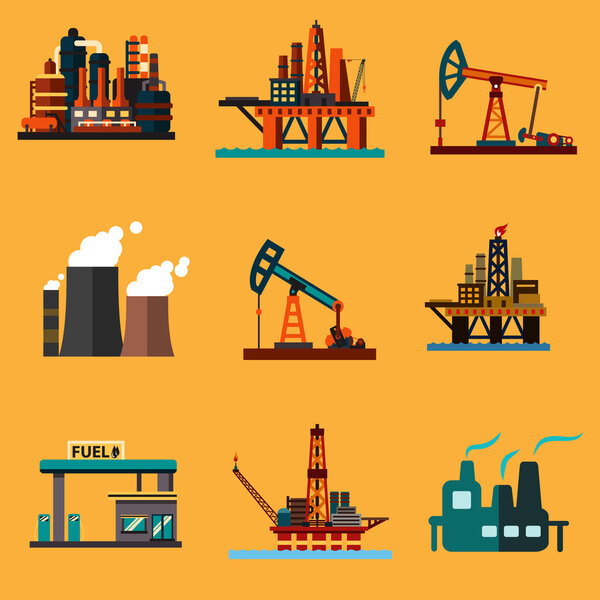 Oil extraction, refinery and retail flat icons