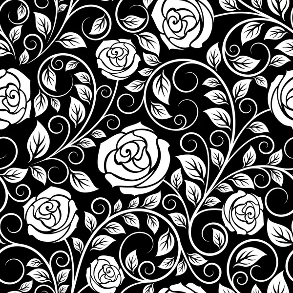 White roses seamless pattern on black background — Stok Vektör