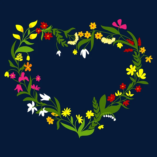 Marco del corazón con corona de flores silvestres y hierbas — Vector de stock