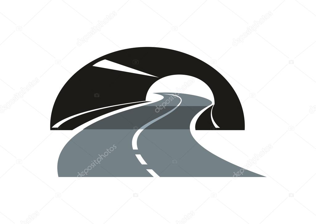 Black and grey stylized modern road icon with a tarred freeway winding through a tunnel