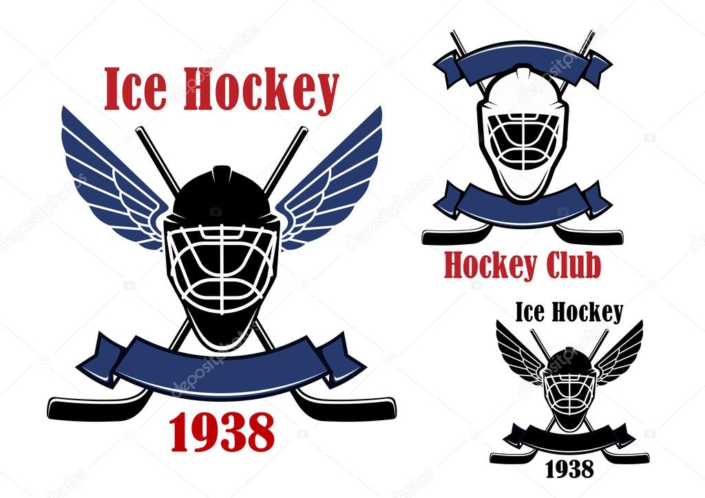 Ice hockey club or team emblems design with crossed hockey sticks, winged goalie masks, supplemented by blank ribbon banners