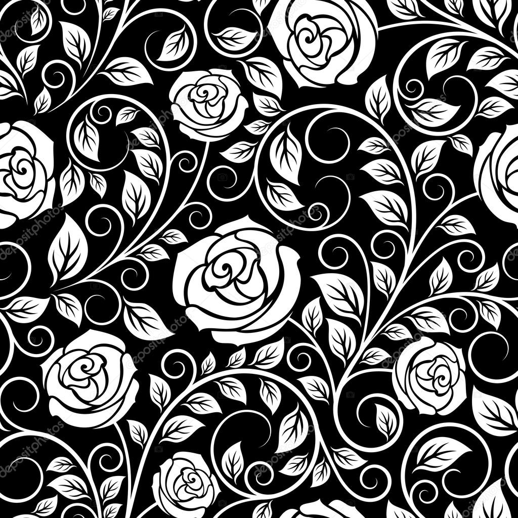 White roses seamless pattern on black background