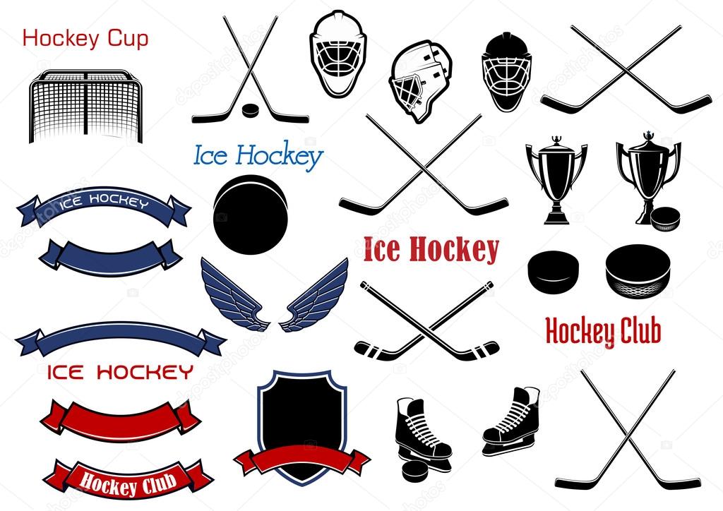 Ice hockey and heraldic symbols for emblems design with sticks, pucks, skates, masks, gate, shield, ribbon banners, wings and trophies items