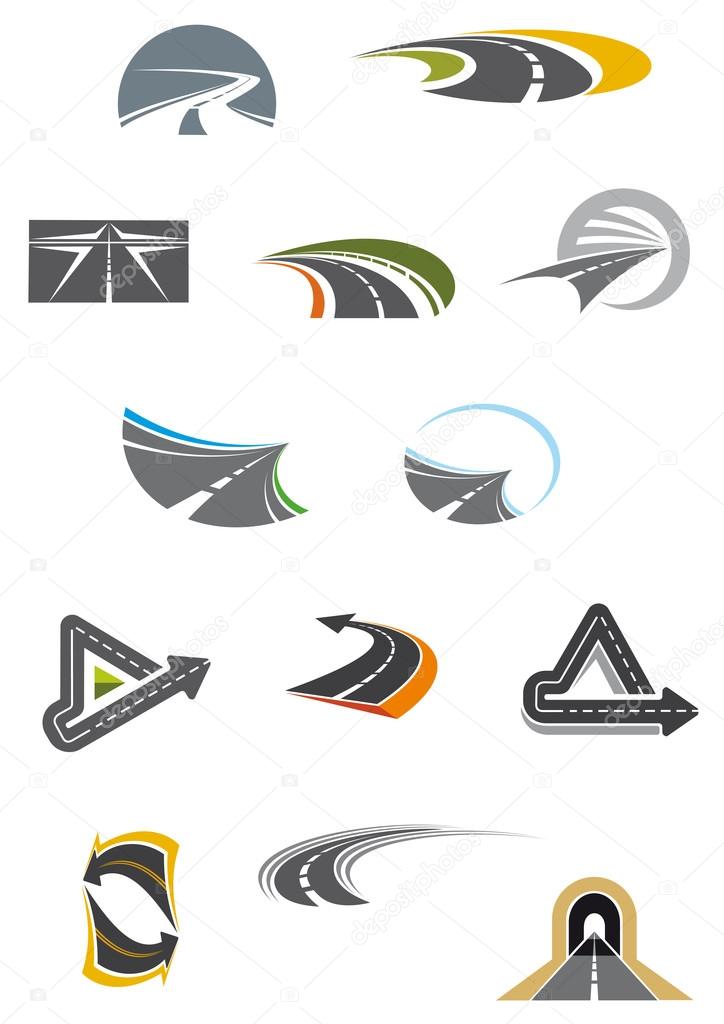 Colored road and freeway icons showing curving, winding, receding and convoluted tarred roads, isolated on white