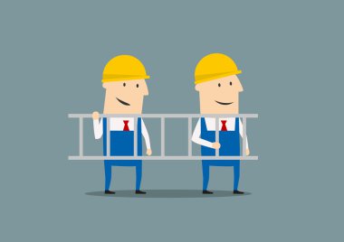 Two engineers in overallses carrying ladder