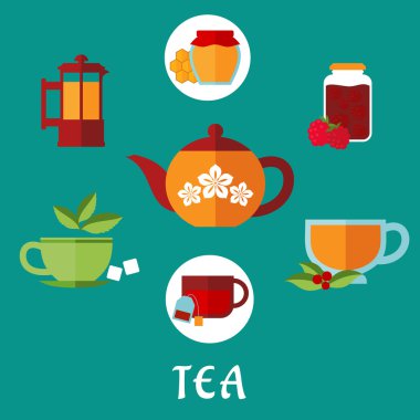 Flat tea icons with teacups and teapots