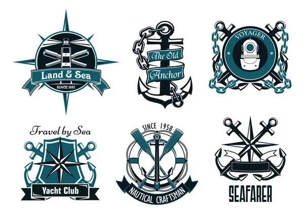 Retro marine and nautical heraldic emblems — Stockvector