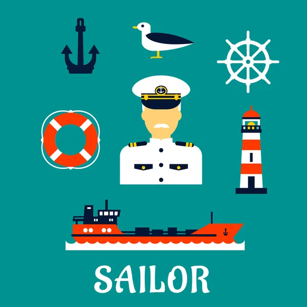 Old sailor with flat nautical icons — Stockvector