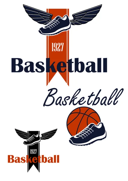 Basketball ball and winged sneakers symbol — ストックベクタ