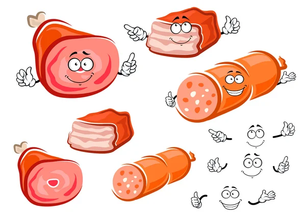 Caracteres de salsicha, perna de porco e rolo de carne — Vetor de Stock