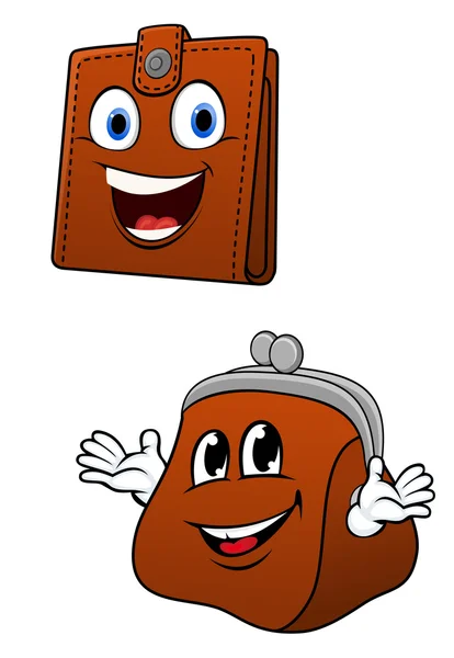 Brown leather wallet and purse characters — Stok Vektör