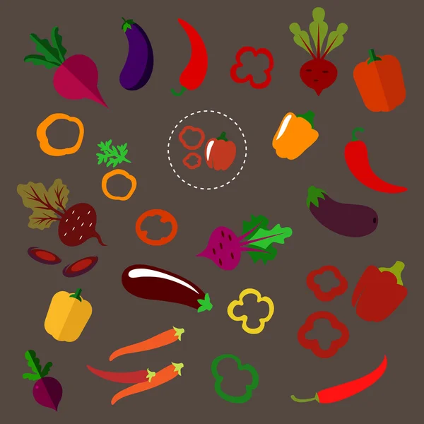 Betteraves plates, aubergines, piments et poivrons — Image vectorielle