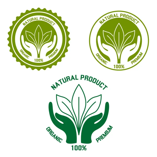 Natural product  icon with hands and leaves — Stock Vector