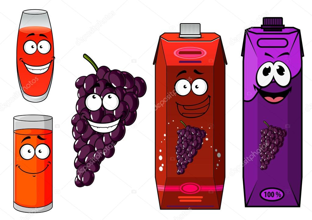 Cartoon grape juice, glasses and fruit characters