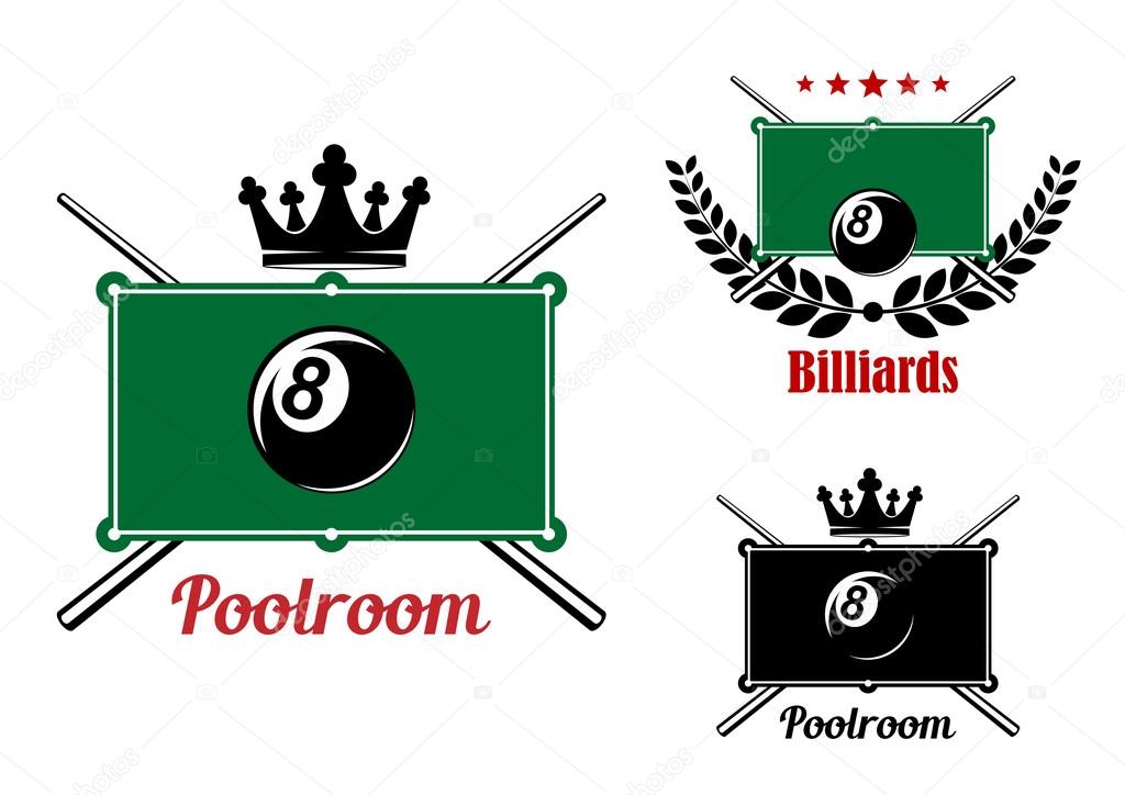 Pool, snnoker and billiards emblems with billiard eight balls, game tables and crossed cues decorated by crown, stars and laurel wreath
