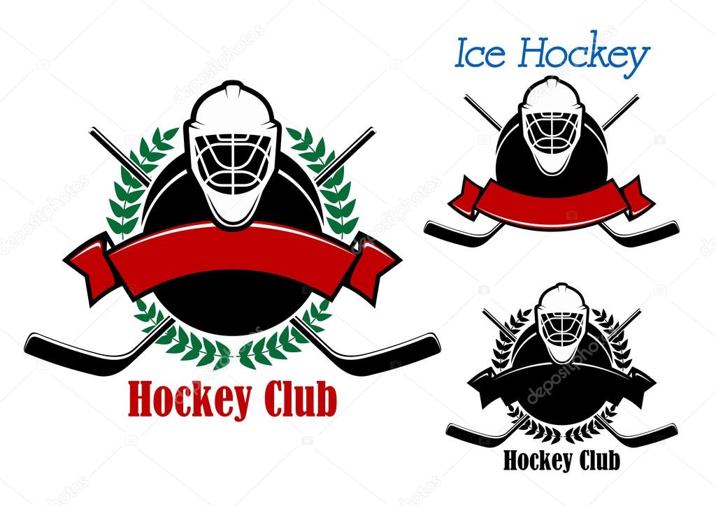 Ice hockey club emblems design with hockey pucks decorated by laurel wreath, ribbon banners, goalie masks on the top and crossed sticks on the background