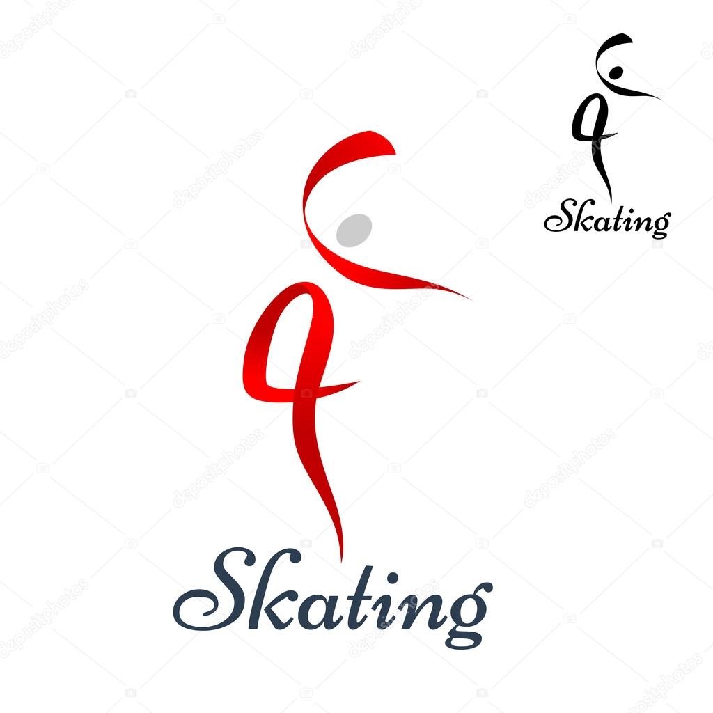 Figure skating symbol with dancing woman silhouette composed of red ribbons, also with small black variant and caption Skating