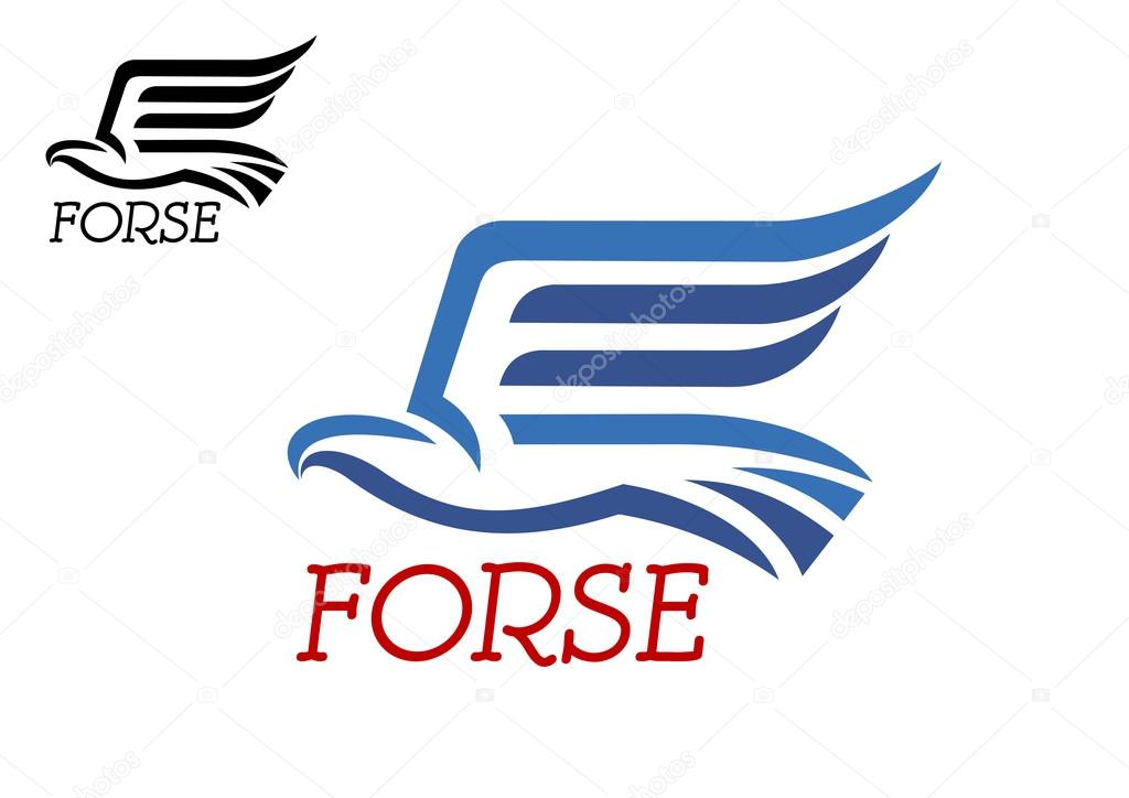 Powerful falcion or eagle in flight symbolisolated on white background with caption Force and black small variation in the upper angle