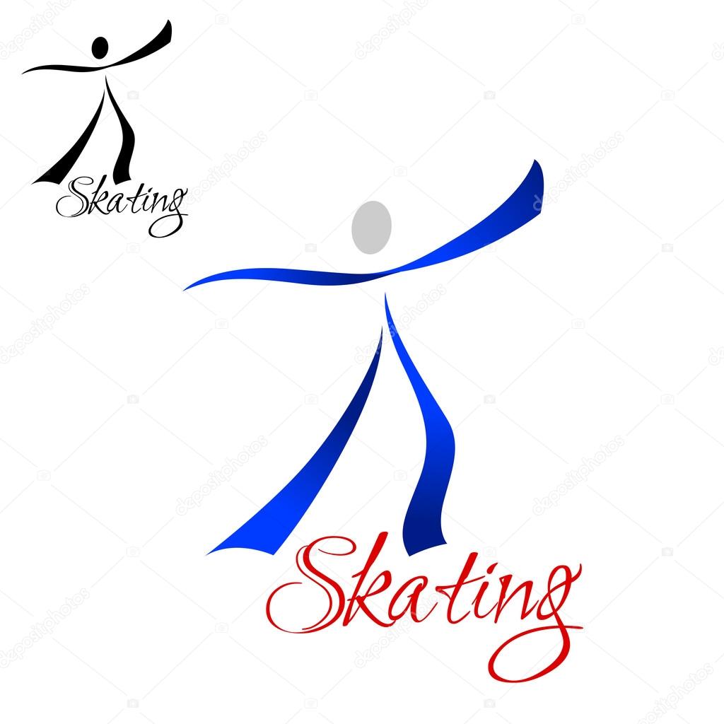 Male dancer skating abstract symbol with  blue curved ribbons silhouette isolated on white background, with red caption Skating