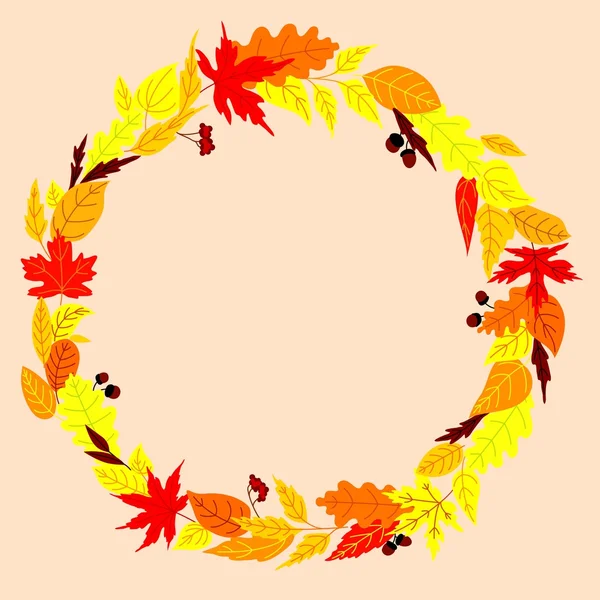 Corona de otoño con hojas, bellotas y rowanberry — Vector de stock