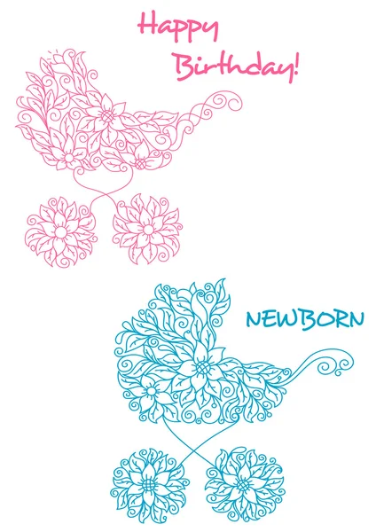 Cochecitos de bebé rosa y azul con diseño floral — Vector de stock