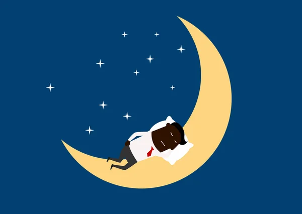 Black businessman sleeping on the moon — Stock Vector