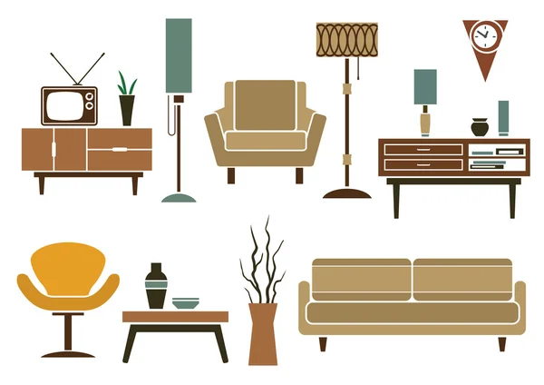 Muebles retro planos e iconos interiores — Vector de stock