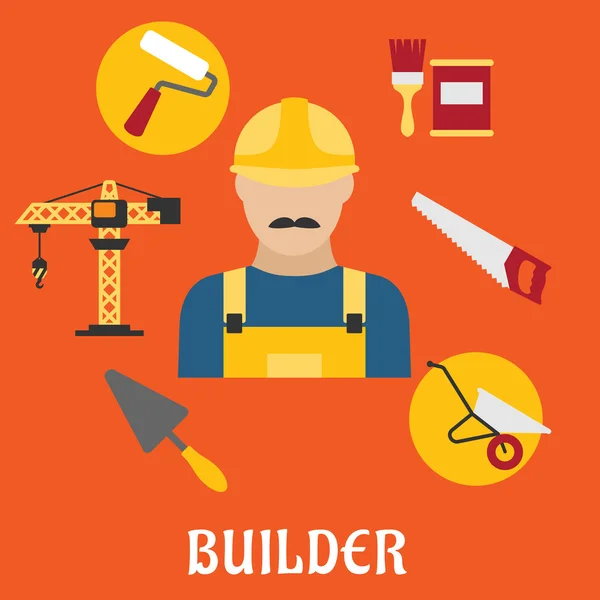 Builder with flat tools icons — Stockový vektor