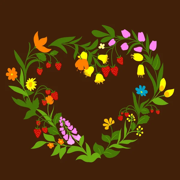 Floral heart with flowers and berries — 图库矢量图片