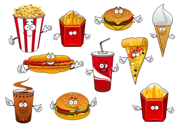 Comida rápida abd para llevar personajes de dibujos animados — Vector de stock