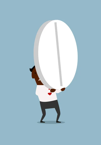 Black businessman carrying a huge pill — Stok Vektör