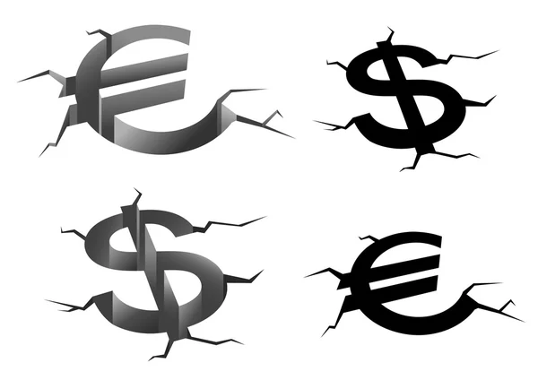 Dollar et euro symboles fissurés — Image vectorielle