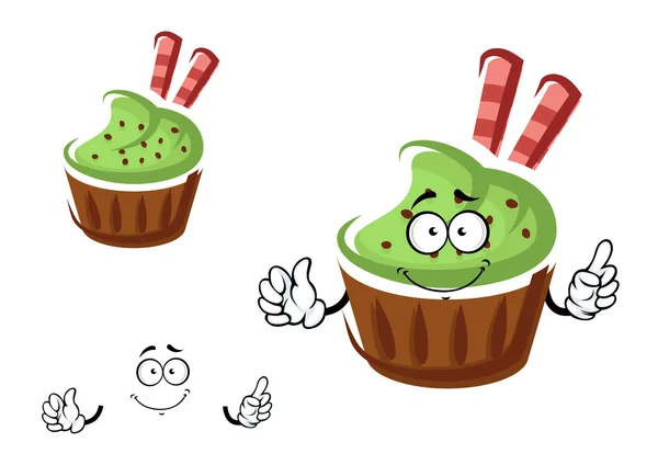Cupcake caractère avec des rouleaux de crème et gaufres — Image vectorielle