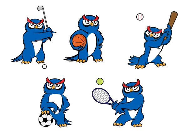 Blue cartoon owl player characters — Stockvector